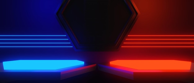 Jeu vidéo abstrait de scifi gaming rouge bleu vs esports backgound vr simulation de réalité virtuelle et scène de métaverse stand piédestal illustration 3d rendu salle de néon futuriste