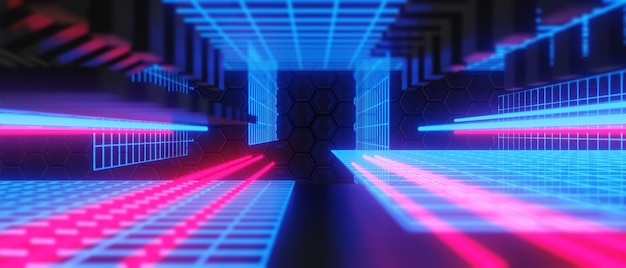 Jeu vidéo d'arrière-plan abstrait d'esports scifi gaming cyberpunk vr simulation de réalité virtuelle et scène de métaverse stand piédestal illustration 3d rendu salle de néon futuriste