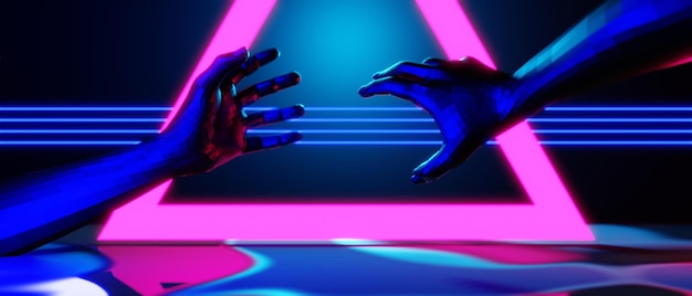 Jeu vidéo d'arrière-plan abstrait d'esports scifi gaming cyberpunk vr simulation de réalité virtuelle et scène de métaverse stand piédestal illustration 3d rendu salle de néon futuriste