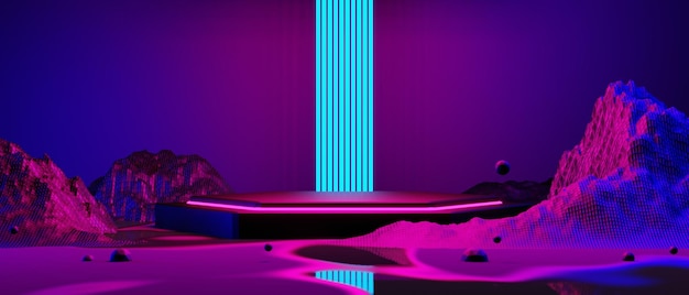 Photo jeu vidéo d'arrière-plan abstrait d'esports scifi gaming cyberpunk vr simulation de réalité virtuelle et scène de métaverse stand piédestal illustration 3d rendu salle de néon futuriste