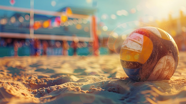 Jeu de volley-ball de plage au coucher du soleil avec une balle colorée et une lueur chaude