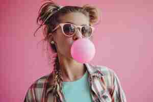 Photo un jeune adolescent à la mode avec un look de skateboard soufflant du chewing-gum sur un fond rose