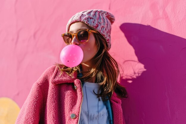 Photo un jeune adolescent à la mode avec un look de skateboard soufflant du chewing-gum sur un fond rose