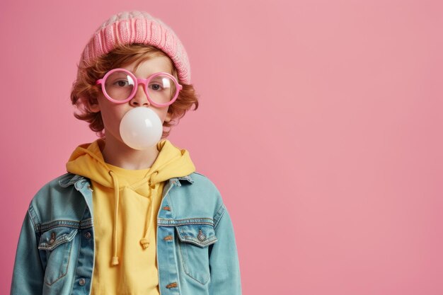 Photo un jeune adolescent à la mode avec un look de skateboard soufflant du chewing-gum sur un fond rose