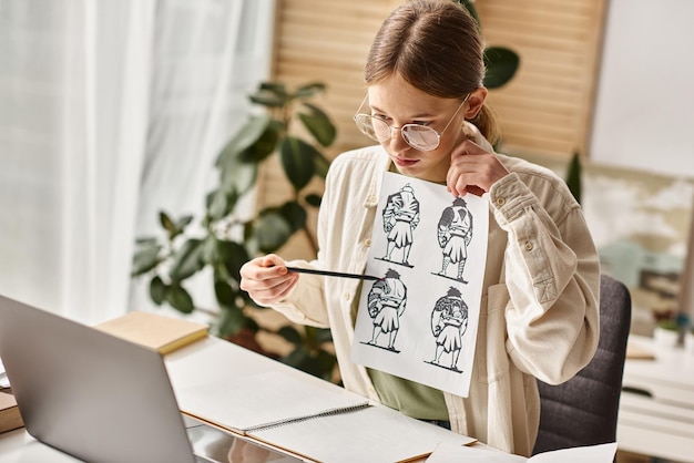 une jeune adolescente analyse des dessins d'anatomie pour un cours d'art en ligne à la maison en regardant un ordinateur portable