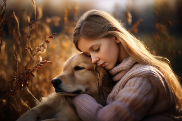 Jeune adolescente et chien câlins sincères au coucher du soleil d'automne dans le domaine de la nature concept d'amour pour animaux de compagnie