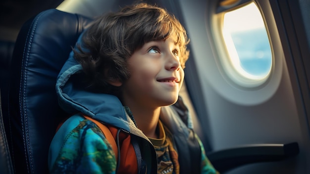 Un jeune adorable souriant en regardant par la fenêtre de l'avion IA générative