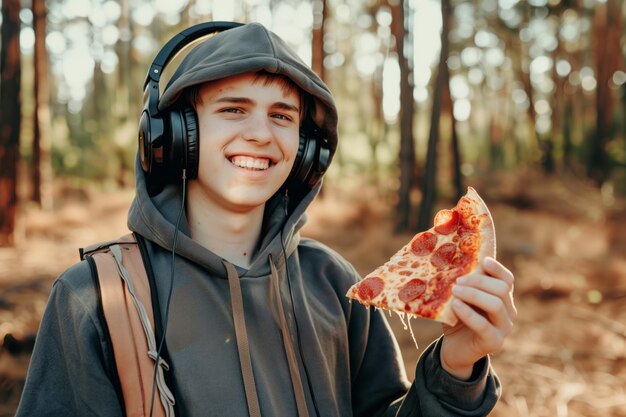 Jeune adulte en capuche avec des écouteurs une tranche de pizza à la main