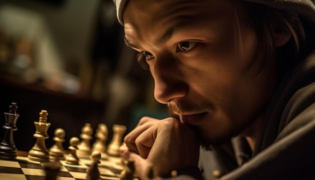 Un jeune adulte concentré élabore des stratégies tranquillement sur les échecs avec une concentration générée par l'IA