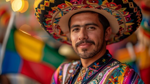 Un jeune adulte confiant dans un vêtement traditionnel mexicain dans un contexte festif