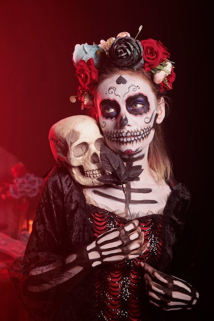 Jeune adulte portant un maquillage traditionnel pour célébrer les vacances mexicaines, tenant un crâne et des roses noires en studio. Ressemblant à santa muerte ou déesse de la mort sur saint dios de los muertos.