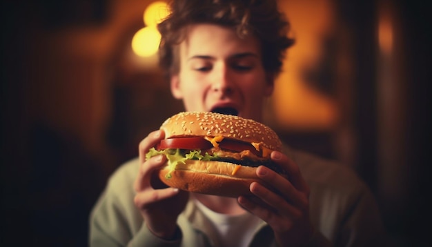 Jeune adulte profitant d'un cheeseburger malsain à l'intérieur la nuit généré par l'IA