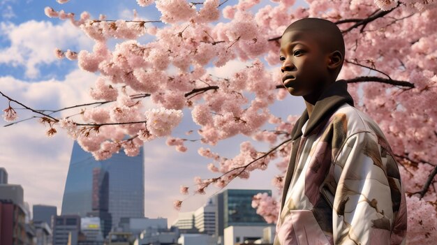 Un jeune Africain moderne et heureux à la peau noire sur le fond de cerisiers roses en fleurs et