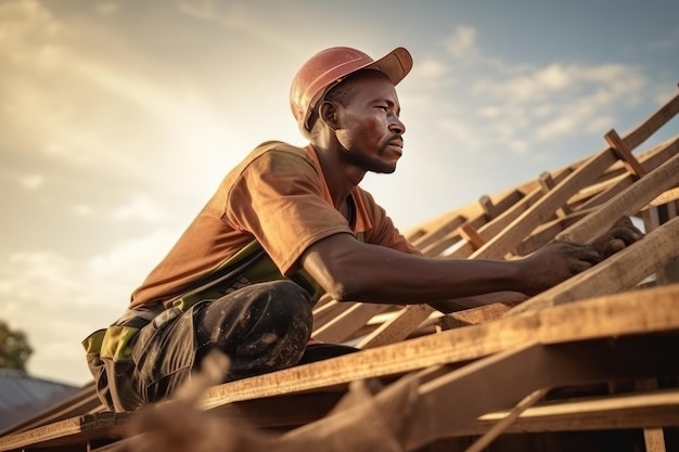 Un jeune Afro-Américain en chapeau dur travaille à la construction d'une maison à charpente de bois.