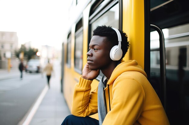 Photo un jeune afro-américain écoute de la musique à l'arrêt de bus.