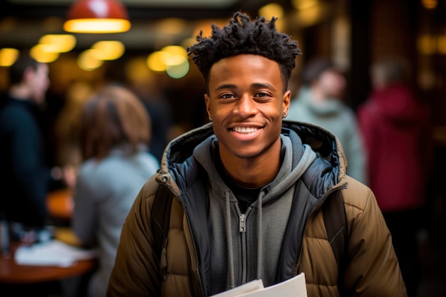 Photo un jeune afro-américain est entré à l'université. recherche d'emploi et entretiens. le gars a eu ses résultats d'examen.