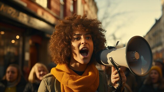 Photo un jeune afro-américain hurlant dans un mégaphone lors d'une manifestation pour les droits de l'homme en plein air dans la fumée