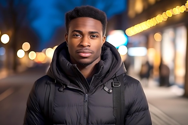 Un jeune afro-américain pose sur fond de citadin de nuit regardant la caméra