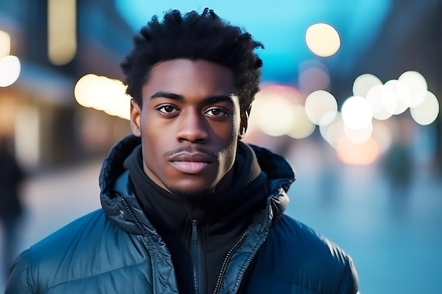 Un jeune afro-américain pose sur fond de citadin de nuit regardant la caméra