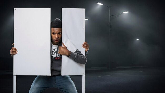 Photo un jeune afro-américain se cachant derrière un tableau blanc.