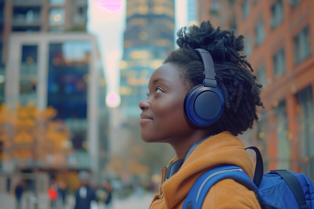 Une jeune Afro-Américaine apprécie la musique dans le centre-ville