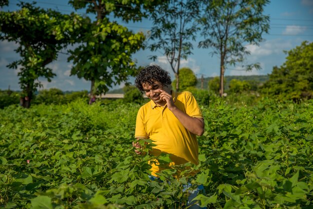 Jeune agriculteur dans une ferme de coton parlant ou utilisant un mobile.