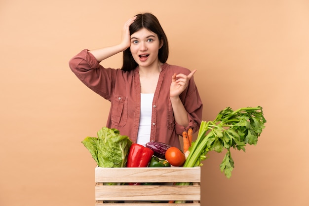 Jeune agriculteur fille avec des légumes fraîchement cueillis dans une boîte surpris et pointant le doigt sur le côté