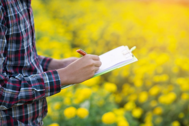 Jeune agriculteur inspectant les cultures