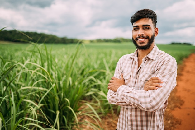 Jeune agriculteur latin travaillant dans une plantation de canne à sucre. agriculteur brésilien.