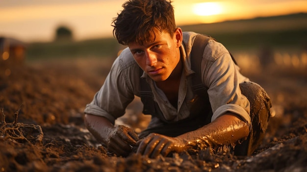 Photo un jeune agriculteur sème du grain dans le champ