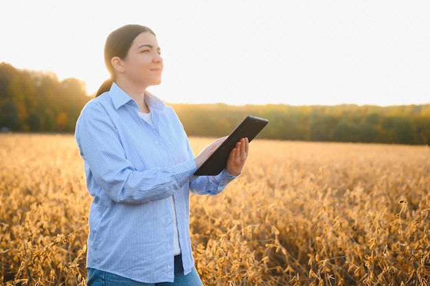 Jeune agricultrice debout dans un champ de soja en été tenant une tablette et surveillant la croissance des cultures