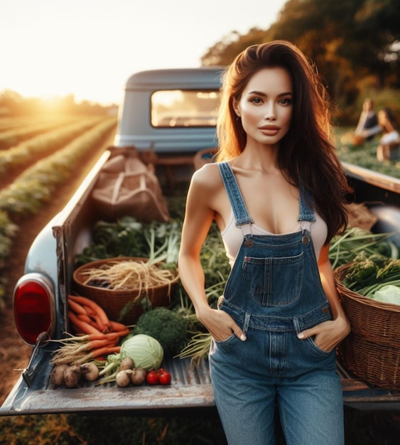 jeune agricultrice vendant des légumes et des fruits sur un camion vintage sur le bord de la route