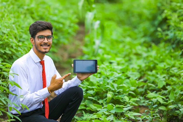 Jeune agronome indien montrant smartphone au champ