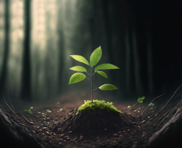 Jeune arbre au milieu de la forêt sombre entourée par le grand t