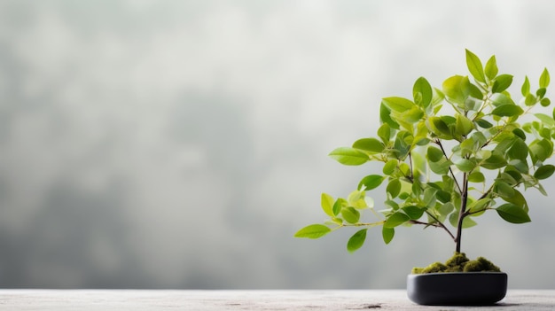 Jeune arbre dans un pot contre un mur de bureau gris clair, options de bonsaï pour décorer les lieux de travail