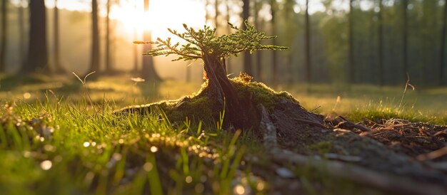 Un jeune arbre émergeant d'une vieille souche d'arbre avec le soleil