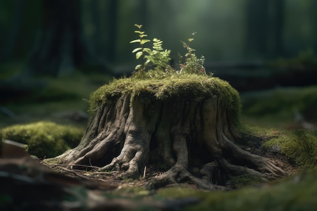 Un jeune arbre émergeant d'une vieille souche