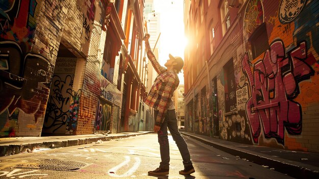 Un jeune artiste admire son travail de graffiti dans une ruelle urbaine.