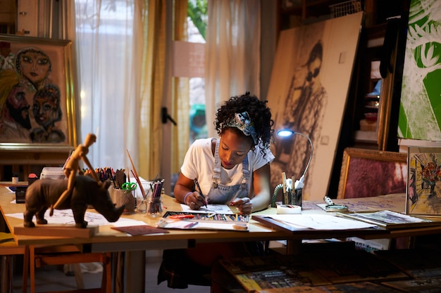 Jeune artiste afro-américain au travail dans le studio personne créative faisant de l'art