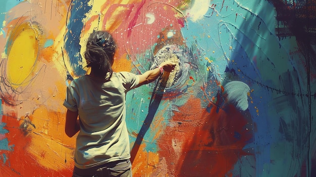 Une jeune artiste avec des dreadlocks peint une peinture murale colorée sur le mur avec un pinceau
