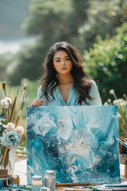 Photo jeune artiste féminine tenant une peinture abstraite dans la nature avec un pinceau de toile et créative