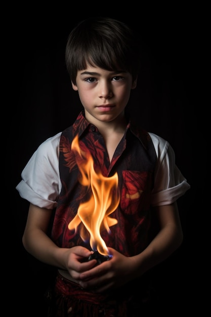 Un jeune artiste de feu debout avec sa chemise créée avec l'AI générative