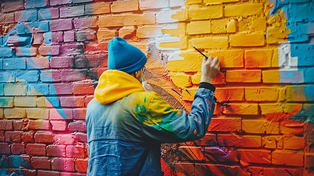 Un jeune artiste de graffiti dans un chapeau bleu et une veste jaune peint une peinture murale colorée sur un mur en brique