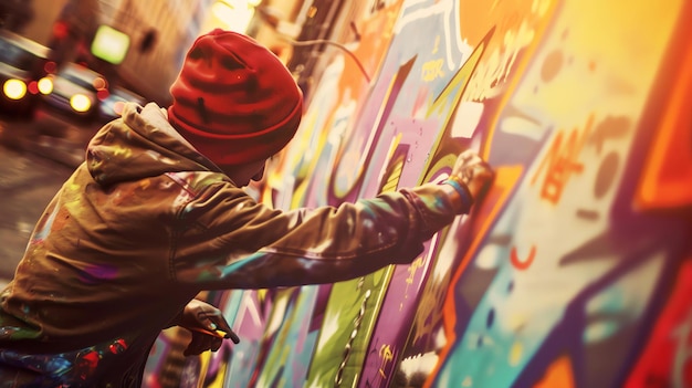 Photo un jeune artiste de graffiti dans un chapeau rouge est occupé à peindre un mur dans un environnement urbain