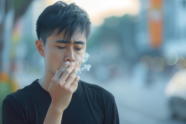 Photo un jeune asiatique dégoûté par l'odeur du corps.