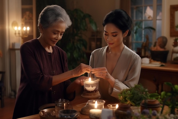 Le jeune asiatique s'occupe de la femme âgée.