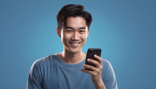 Un jeune Asiatique souriant isolé utilisant un smartphone