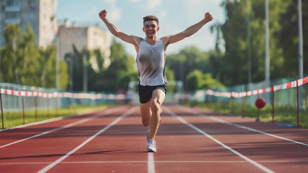 Un jeune athlète célèbre sa victoire dans une course. Il traverse la ligne d'arrivée les bras levés en triomphe.