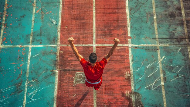 Un jeune athlète célèbre sa victoire sur un terrain de basket-ball