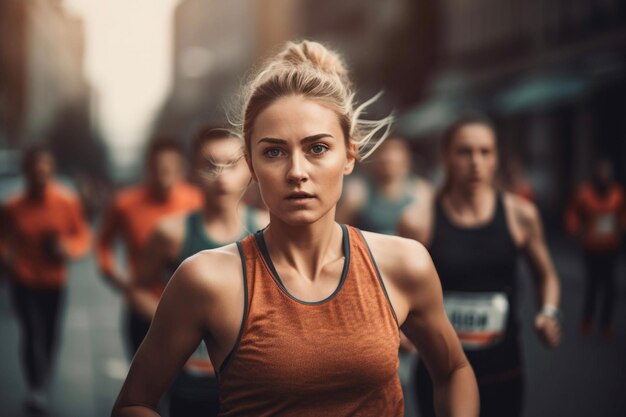 Jeune athlète coureuse courant un marathon Generative AI